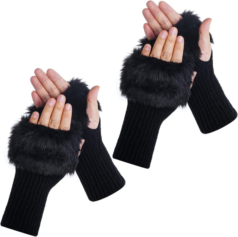 cnomg Winter Faux Fur Fingerless Gloves Faux Fur Half Finger Warmers Fingerless Gloves for Women Girls Working Writing - Image 1